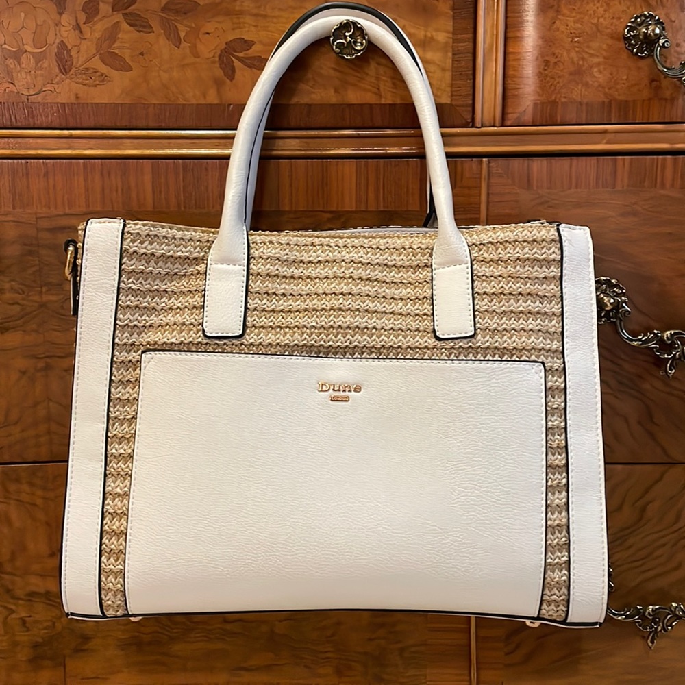 DUNE LONDON woven straw and white  faux leather tote bag